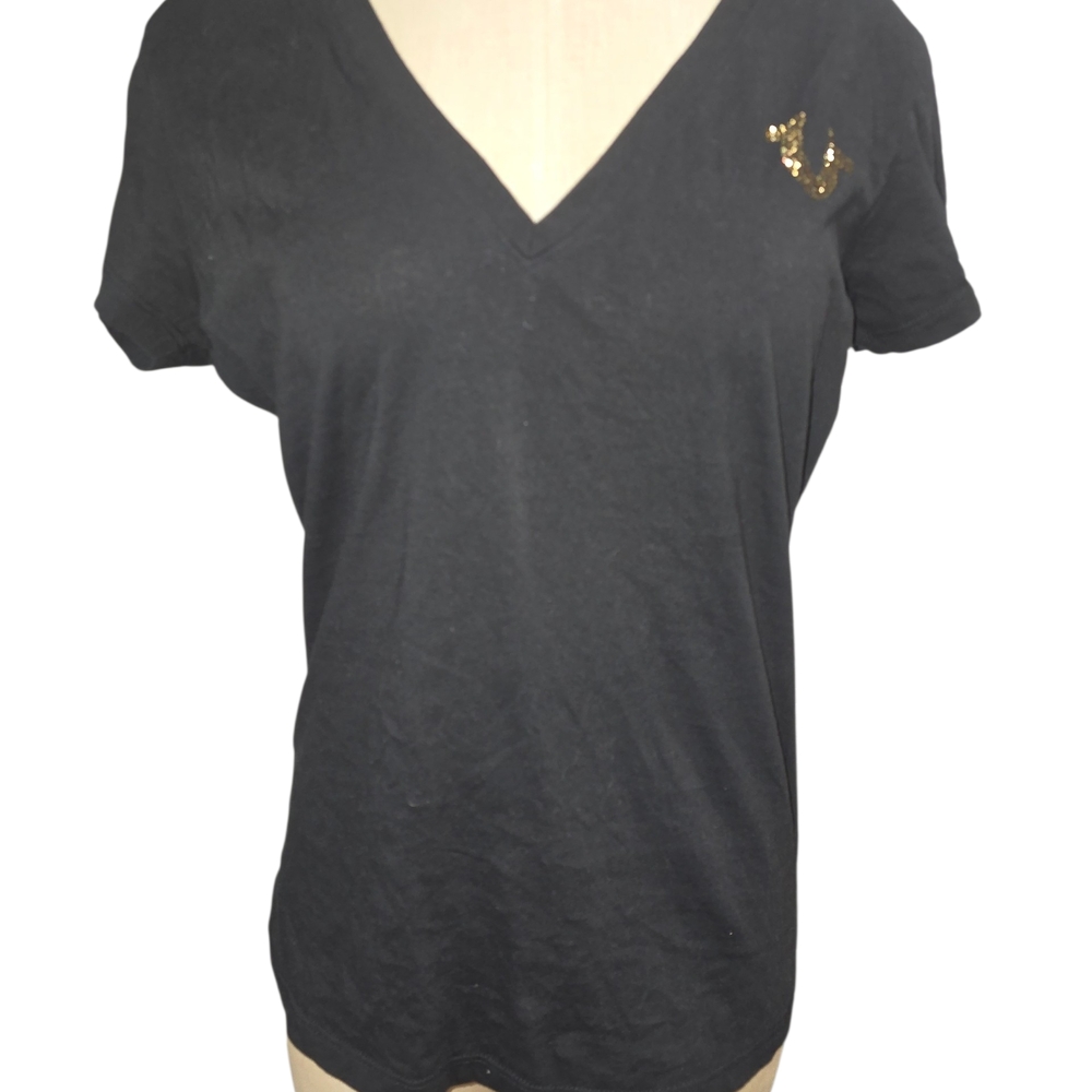 True Religion Black V-Neck Tee with Gold Accent